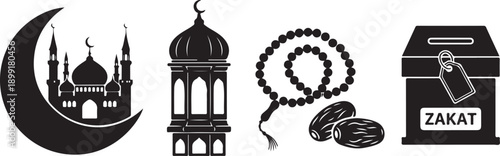 Set of ramadan kareem icons including mosque crescent lantern prayer beads dates and zakat box on transparent background vector art