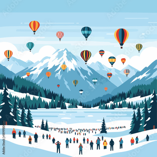 A vibrant illustration of a winter festival with numerous colorful hot air balloons soaring above snow-capped mountains, a frozen lake, and a crowd of spectators.