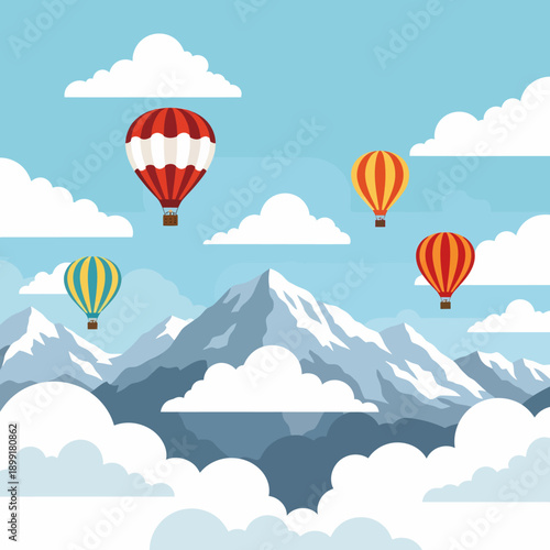 Colorful hot air balloons floating above majestic snow-capped mountains and clouds under a blue sky, vector illustration.