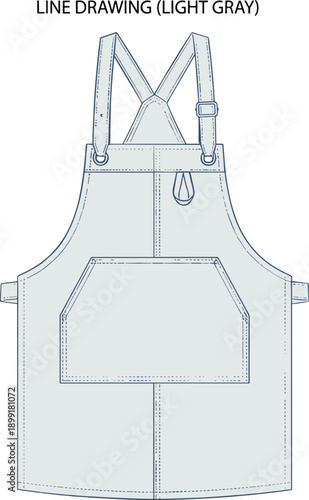 Technical line drawing of light gray apron with front pocket, cross-back straps, and reinforced stitching, designed for durability and functionality in fashion illustration style.