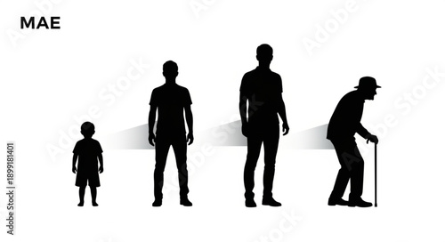 Human life stages silhouette from childhood to old age.