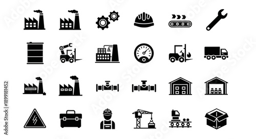 Collection of Industrial Icons and Symbols Representing Manufacturing and Construction.