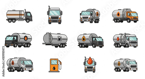 Collection of fuel tanker trucks and gas station icons.