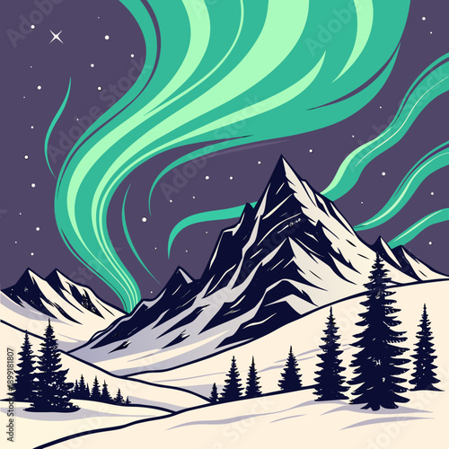 Northern lights over snowy mountains