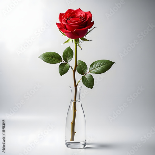 Single red rose in a clear glass vase on a white surface indoors transparent background