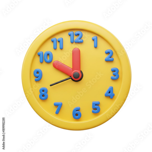 Yellow clock with blue numbers on transparent background