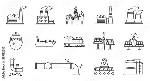 Collection of Industrial Icons Representing Manufacturing and Energy Production.