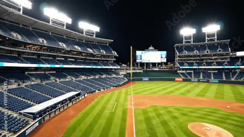 Empty Baseball Stadium At Night With Bright Lights Illuminating Green Field And Grandstand Seating
