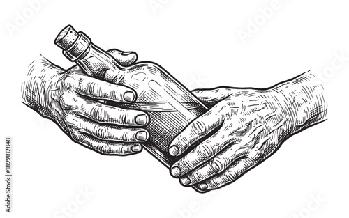 Hand Holding Glass Bottle with Cork Stopper Sketch