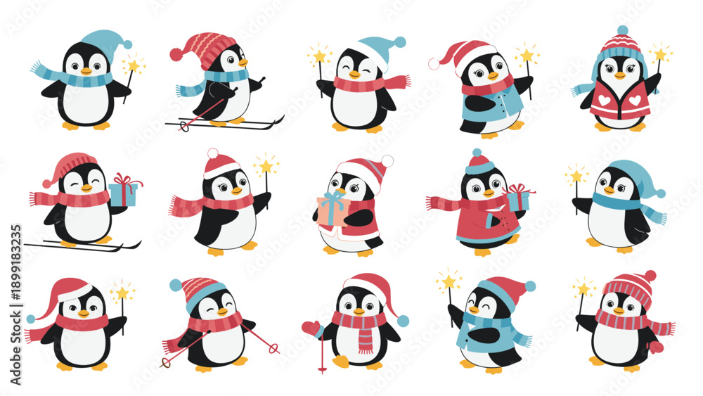 Fototapeta premium Large set of adorable penguins wearing colorful winter hats and scarves engaged in activities like skiing and holding gifts.