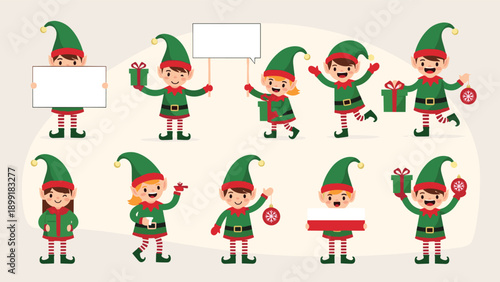 Collection of twelve festive Christmas elves in green and red uniforms holding signs, gifts, ornaments, and holiday items.