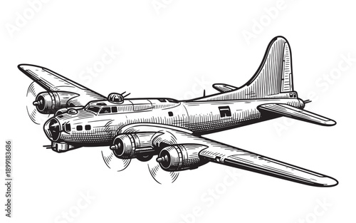 Tableau sur toile Flying Fortress Bomber Plane in Flight Sketch
