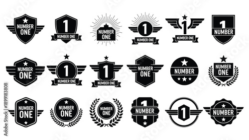 Large set of eighteen black and white badges and emblems for number one ranking or top quality achievement.