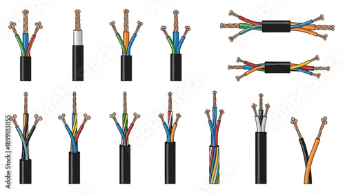 Collection of electrical cable cross sections showing various multi-core wire configurations with colorful insulation and copper conductors.