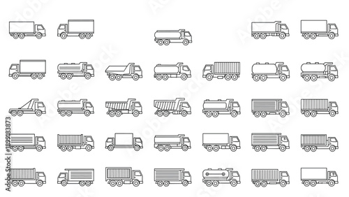 Extensive set of truck line icons featuring vehicle types including cargo delivery trucks, tankers, dumpers, and specialized trailers.