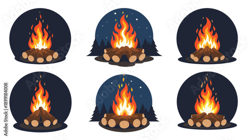 Collection of stylized campfire illustrations showing flames and logs against a dark night sky with various fire intensities and settings.