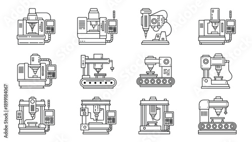 Detailed collection of industrial machine line icons featuring various manufacturing tools, CNC units, and heavy processing equipment.