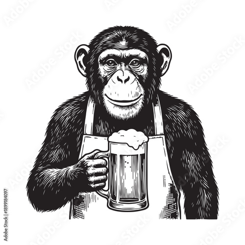 Funny Chimpanzee or Monkey Bartender with Beer Sketch