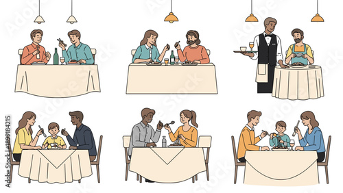 Various scenes of couples and families enjoying meals at a restaurant being served by a waiter in a warm atmosphere.