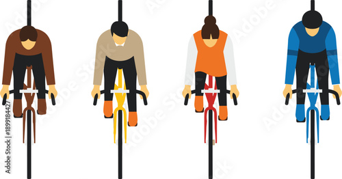 Top view cyclists riding road bikes, racing team sports flat design