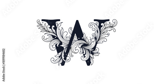 Ornate letter W featuring intricate vintage floral patterns and scrollwork offers a classical and sophisticated typography design.