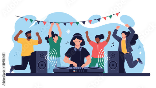 Female dj playing music on a console at a vibrant party with happy people dancing and celebrating with festive decorations.