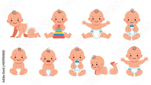 Collection of cute cartoon babies in different poses and activities including crawling playing and drinking from a bottle.