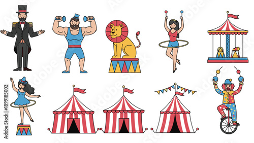 Collection of circus performers including ringmaster strongman lion tamer and dancers along with red and white tents.