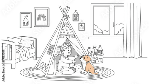Coloring book page showing a happy little girl and her puppy sitting together in a cozy teepee tent in a nursery room.