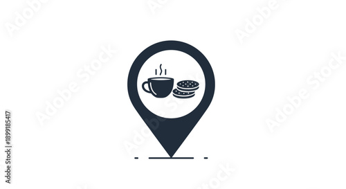 Map pointer icon containing a steaming cup of coffee and two cookies representing local cafe location or snack break spot.