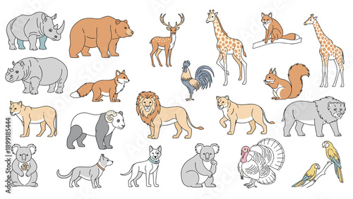 Large set of various diverse wild and domestic animal characters in colorful flat style isolated on white.