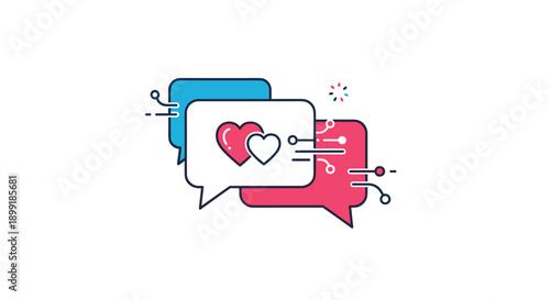 Three overlapping chat bubbles in blue and pink featuring hearts and digital circuit lines for online dating app.