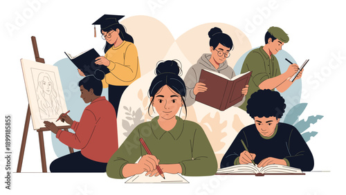 Collage of diverse students engaged in various educational activities like painting, reading books, and writing notes in a warm setting.