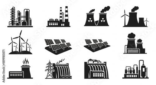 Collection of Industrial Power Plant Icons and Symbols.
