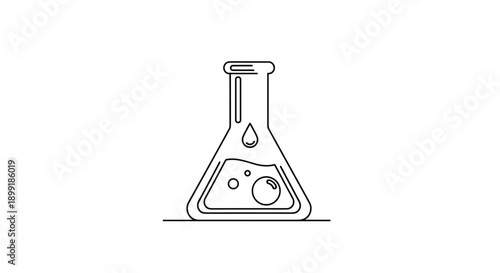Simple line art icon of a conical laboratory flask containing bubbling liquid and a single drop for science research.