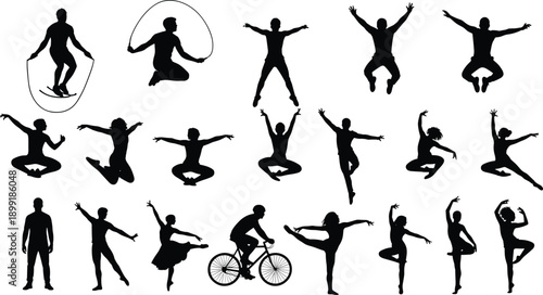 Black silhouette collection of people jumping, dancing ballet, jumping rope, and riding bicycle isolated on white background for sports design
