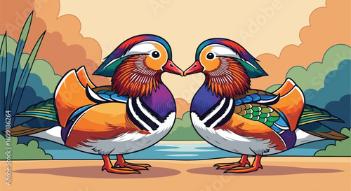 Mandarin ducks couple vector illustration with colorful plumage facing