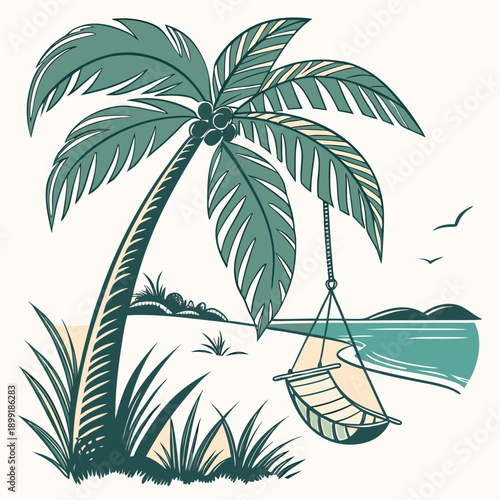 Tropical paradise with palm tree and hammock