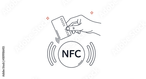 Human hand holding a credit card over an NFC wireless payment symbol demonstrates modern contactless transaction technology in retail shops.