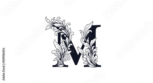 Elegant capital letter M embellished with intricate vintage scrollwork designs serves as a premium monogram for heritage brands and invitations.