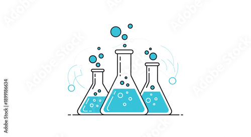 Group of three chemistry laboratory flasks filled with bubbling blue liquid illustrates scientific research, experiments, and medical testing.