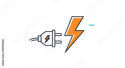 Electrical plug near a bright orange lightning bolt symbol highlights power connection, charging points, and energy supply solutions.
