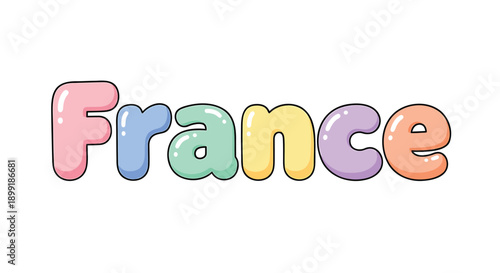 Multicolored glossy text 'France' in bubble letters, vector illustration for banner or poster, isolated on transparent background, png