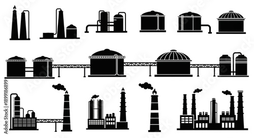 Collection of Industrial Factory Silhouettes and Structures.