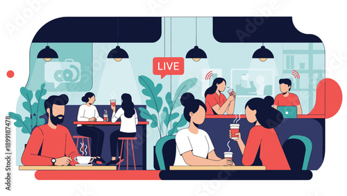 Diverse group of people sitting at tables in a modern cafe environment where some are working on laptops while others are chatting and drinking.