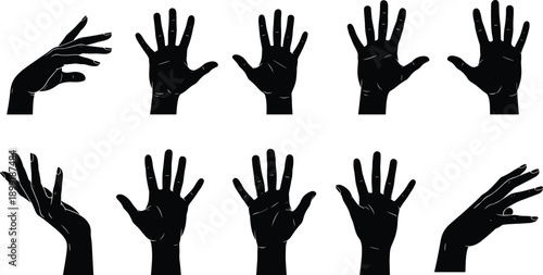 Hand gesture silhouettes set, open palm signs, black human hands vector