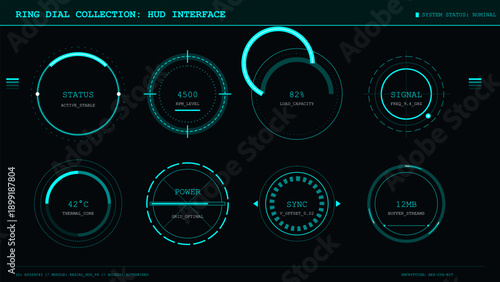 Futuristic heads-up display interface with multiple circular data dials and system status indicators