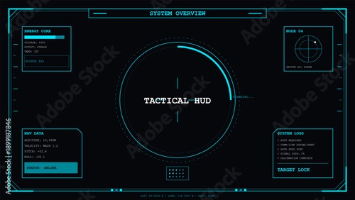 Futuristic tactical heads up display system overview showing navigation data, energy core status, and target lock