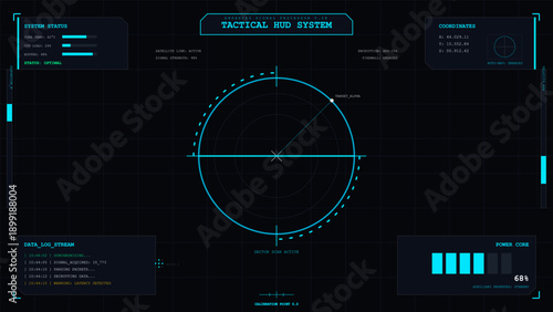 Futuristic tactical heads-up display interface with radar target acquisition and system status monitoring