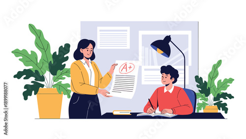 Encouraging female teacher showing a student their graded test with an A plus grade in a positive classroom environment.